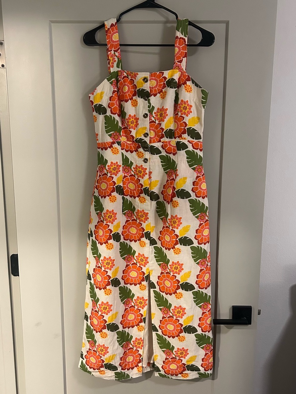 Floral Button-Front Midi Dress with Straps - Orange & Green Print